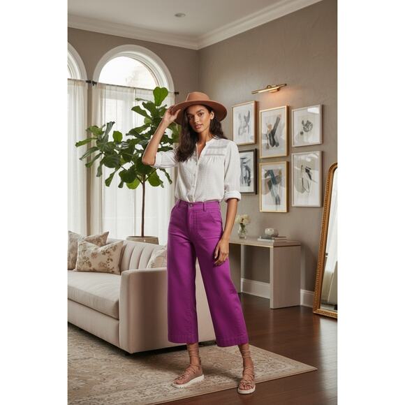 Maeve Womens 27 Colette Linen Blend Crop Wide Leg Pants Magenta Pink Purple - Picture 1 of 11